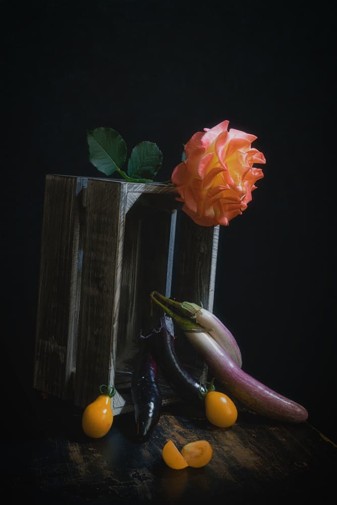 Rose and Produce Still Life by Lydia Jacobs — canvas wall art