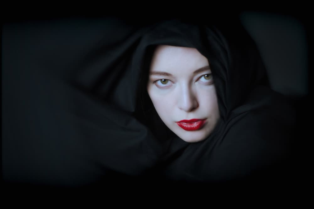 Shadowed Gaze Red Lips by Colin Dixon — canvas wall art