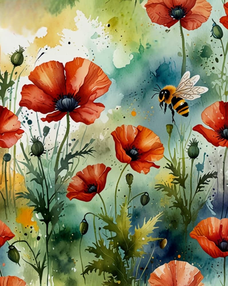 Poppies and Flying Bee by Anda Bieza — canvas wall art