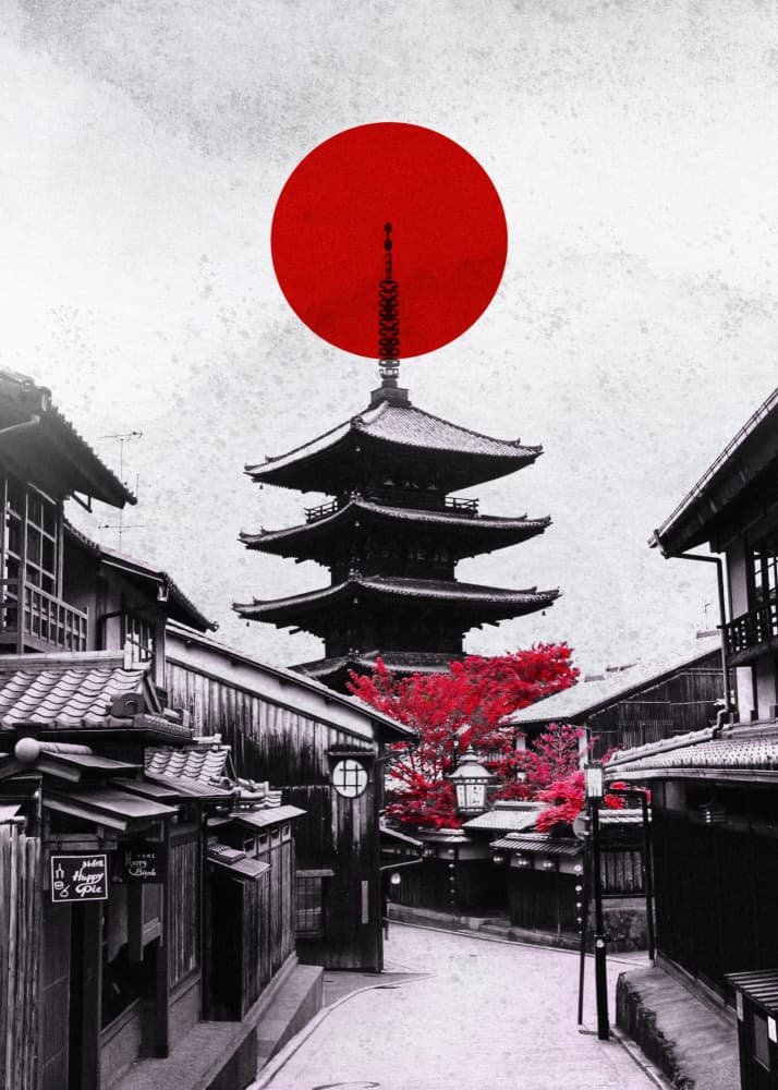 Kyoto Pagoda Red Sun by Ariz Rab — canvas wall art