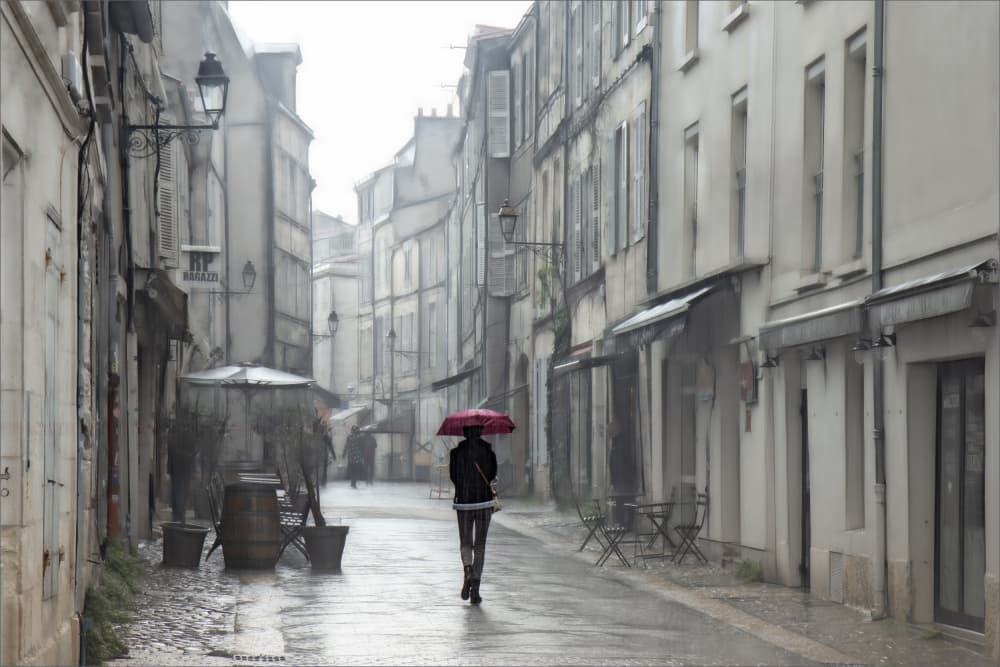 Red Umbrella Rainy Street by Gilbert Claes — canvas wall art
