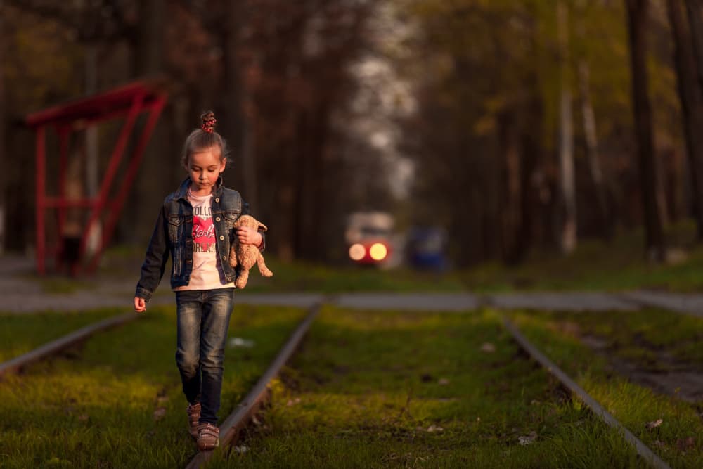 Girl With Bear On Tracks by Dmitry Stepanov — canvas wall art