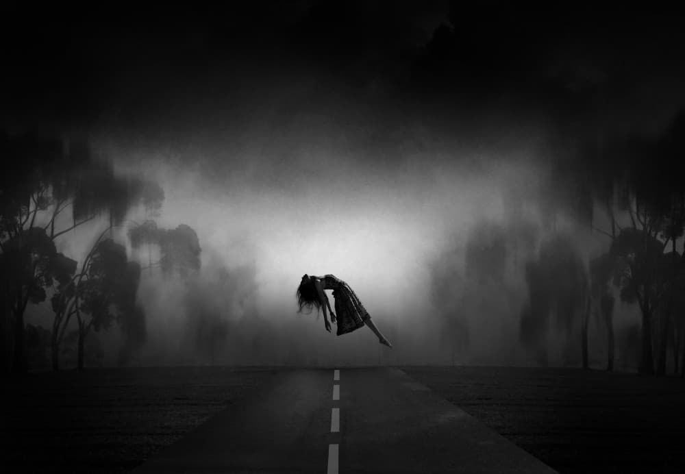 Floating Woman Dark Road by Hari Sulistiawan — canvas wall art