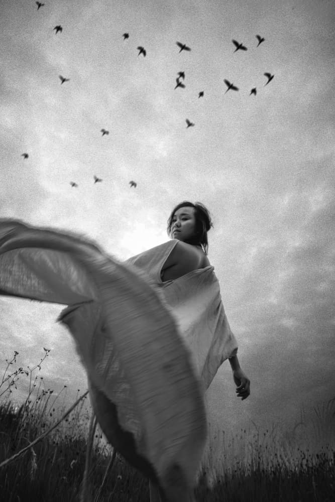 Windswept Woman and Birds by Rob Li — canvas wall art