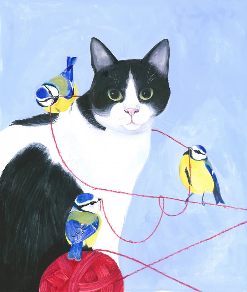 playful Interaction Between A Curious Cat And Lively birds by Isabelle Brent — canvas wall art