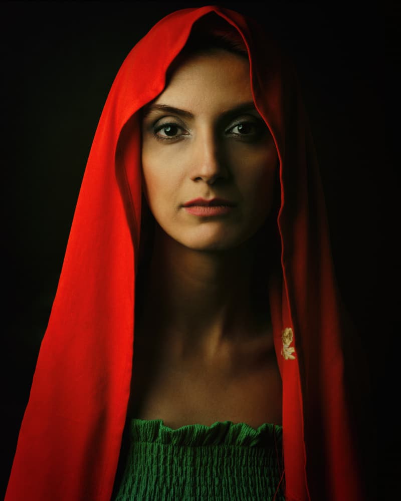 Dramatic Red Hood Portrait by Mehdi Mokhtari — canvas wall art