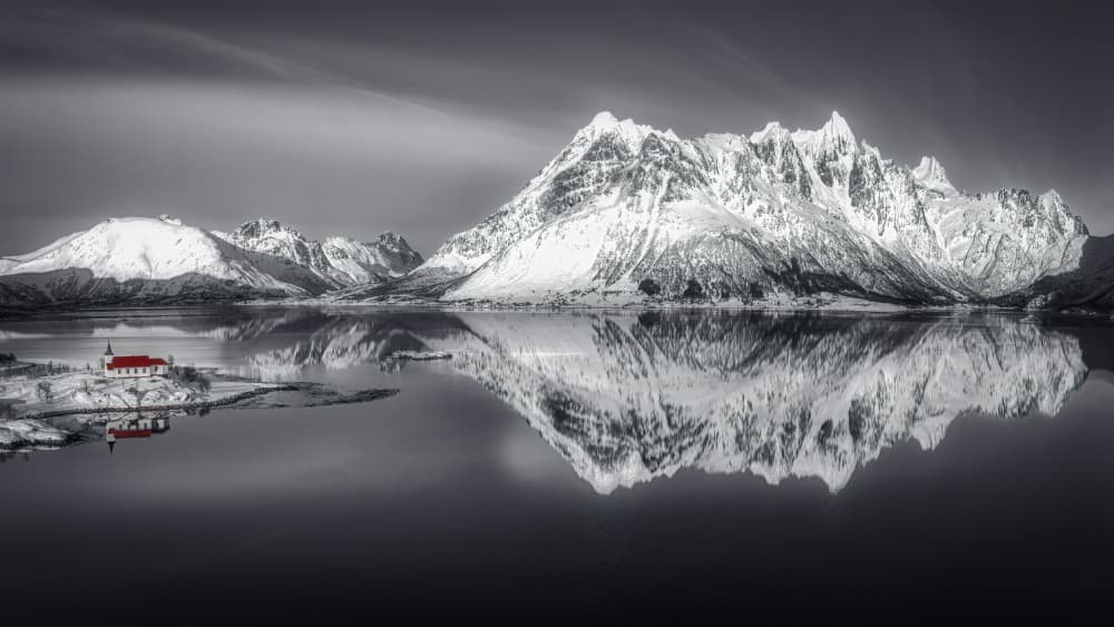 Red Church Winter Reflection by Michael Zheng — canvas wall art