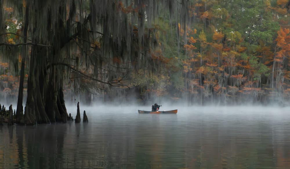 Lone Canoe Misty Morning by NanZ — canvas wall art