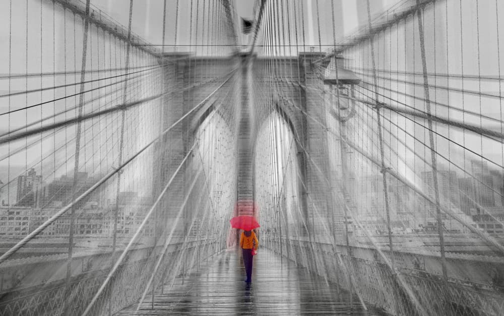 Red Umbrella Brooklyn Bridge by Kenneth-Wei Zeng — canvas wall art
