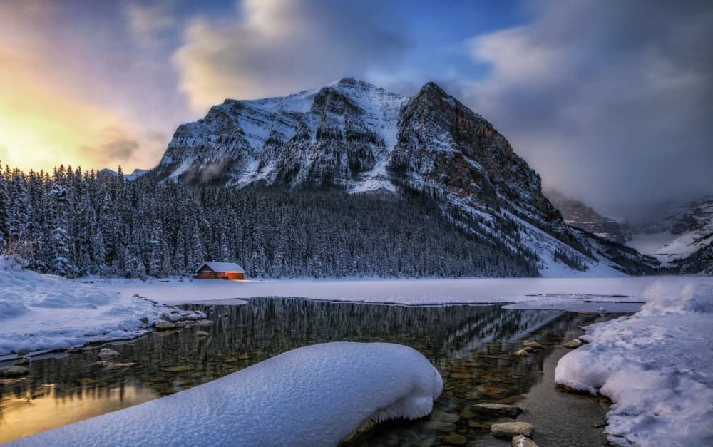 Cozy Cabin Winter Lake by Jenny Qiu — canvas wall art