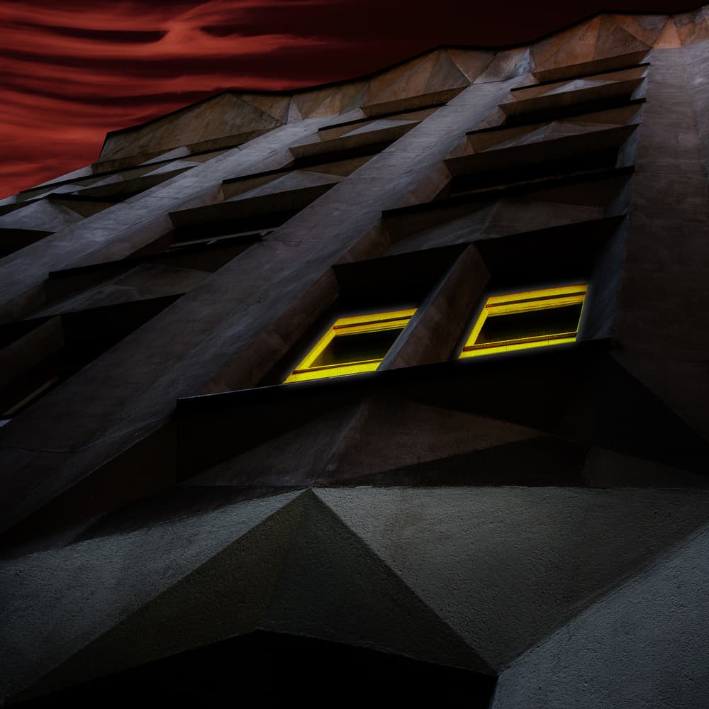 Geometric Building Red Sky by Marc Huybrighs — canvas wall art