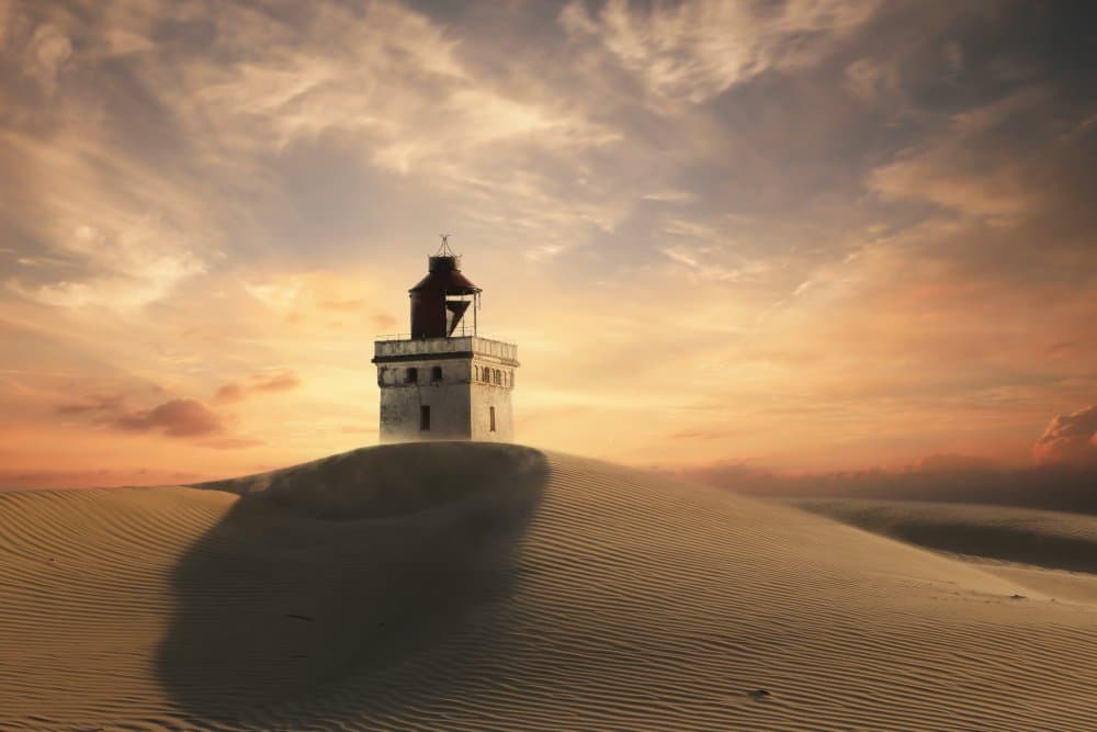 Golden Hour Lighthouse Dunes by Leif Løndal — canvas wall art