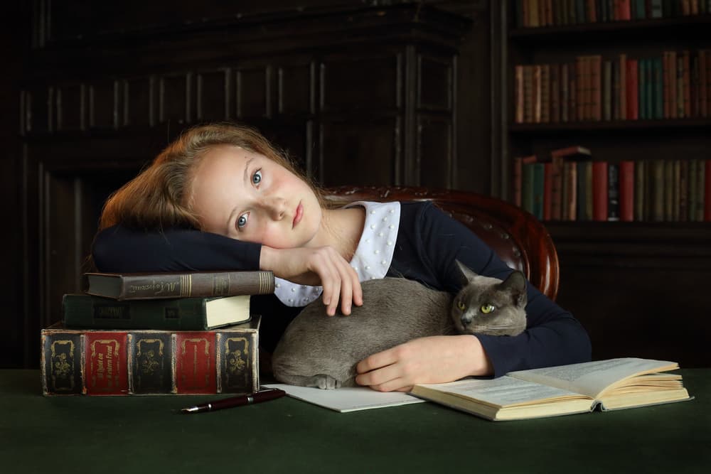 Thoughtful Girl and Cat by Victoria Glinka — canvas wall art