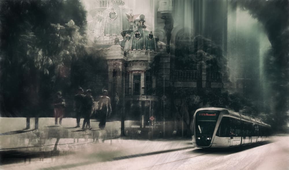 Dreamy City Tram by Sherin.Abdou — canvas wall art