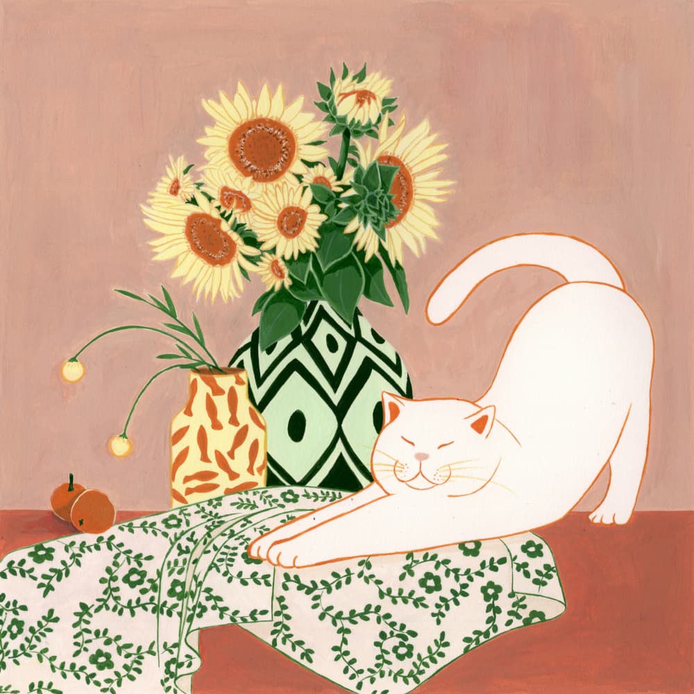 Happy Cat Sunflowers by Julie Lesouef — canvas wall art