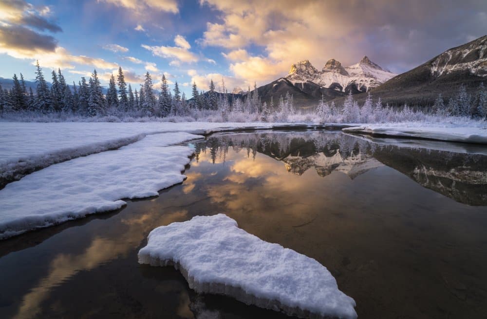 Golden Winter Mountain Reflections by Yongnan Li (李永男) — canvas wall art