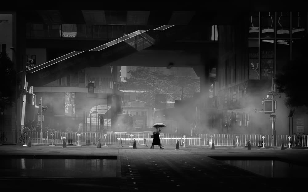 Lone Figure Foggy Street by Ke Liu — canvas wall art