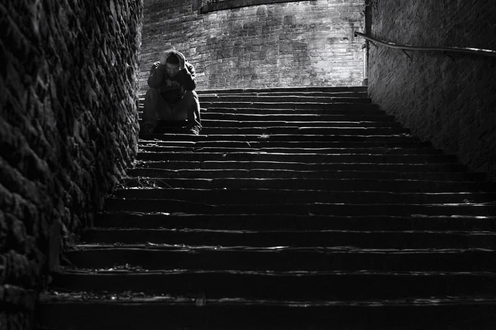 Solitary Figure Dark Stairs by Yavuz Pancareken — canvas wall art