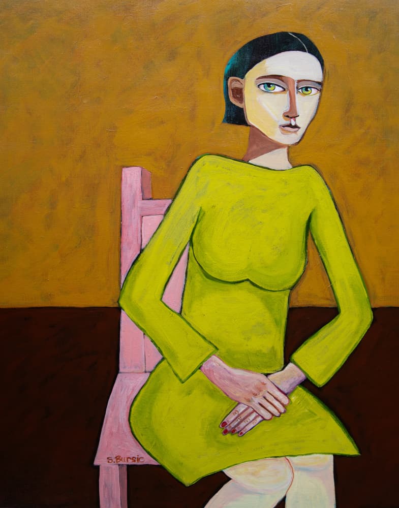 Pensive Woman Green Dress by Sharyn Bursic — canvas wall art