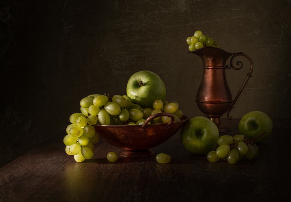 Green Grapes Copper Still Life by Margareth Perfoncio — canvas wall art