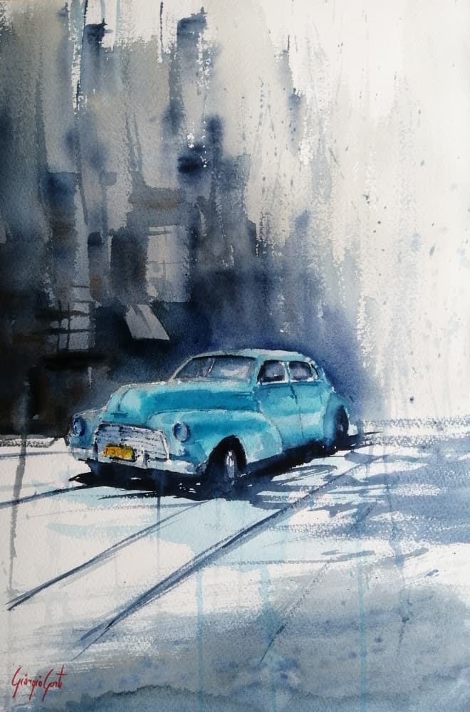 Teal Classic Car Street by Giorgio Gosti — canvas wall art