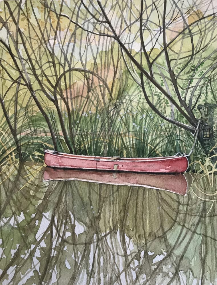 Red Canoe Reflections by Luisa Millicent — canvas wall art