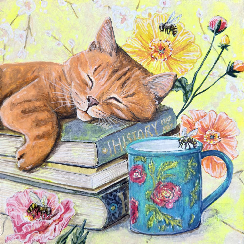 Sleeping Cat Among Books by Renee Machan Cottagecore Artist — canvas wall art