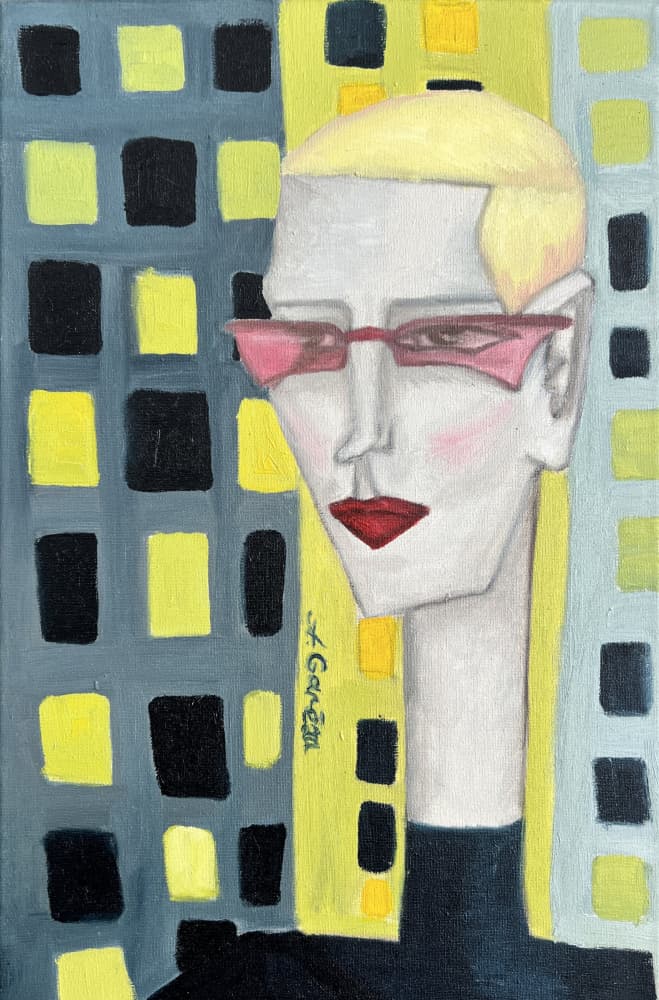 Blonde Woman Pink Glasses by Christina Misuro — canvas wall art