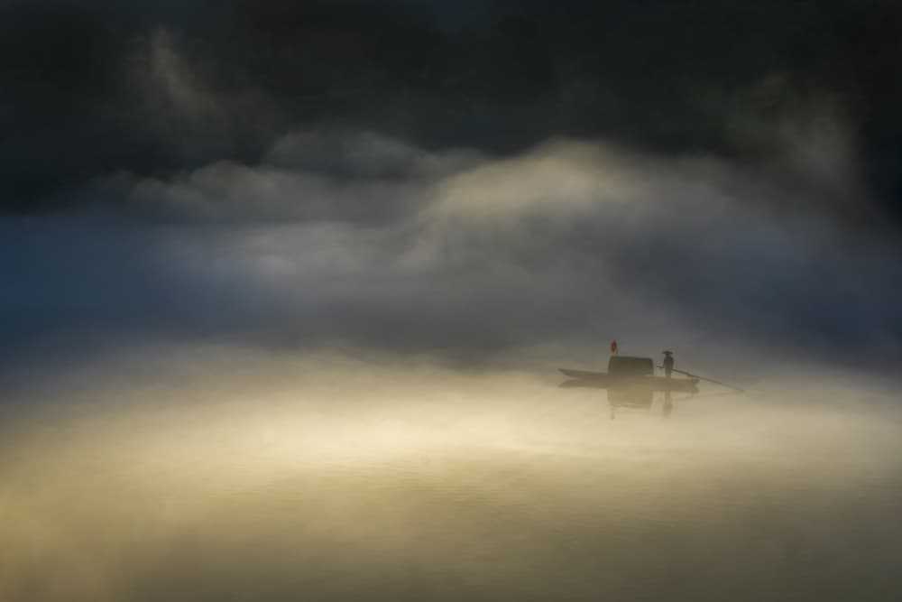 Golden Mist Morning Boat by Raymond Ren Rong Liu — canvas wall art
