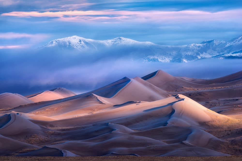 Morning Dunes Snowy Peaks by Mei Xu — canvas wall art