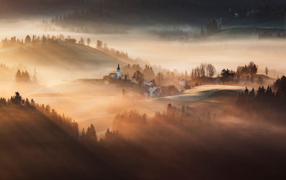 Village in Golden Mist by Karol Nienartowicz — canvas wall art