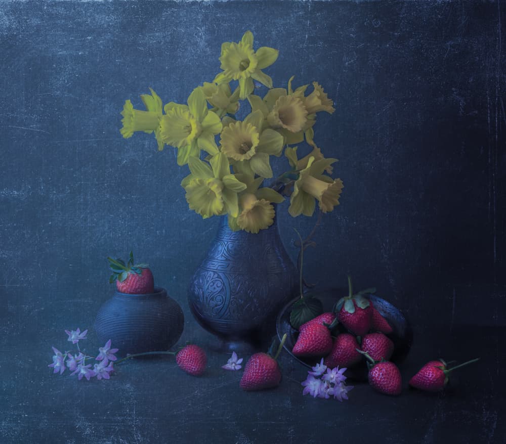 Yellow Daffodils And Strawberries by Judy Tseng — canvas wall art