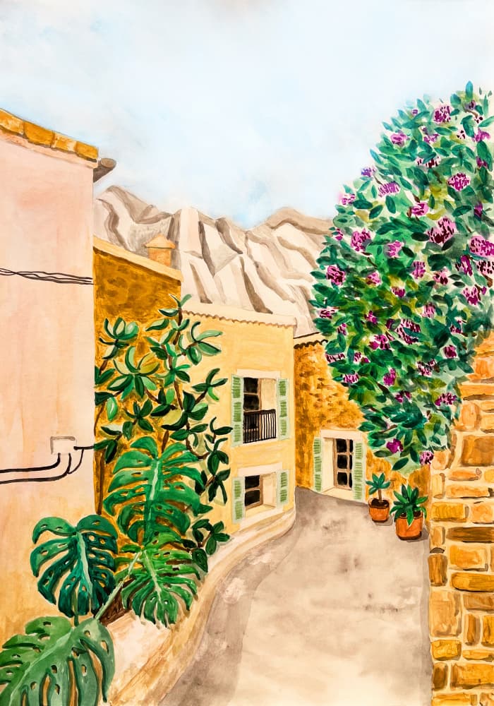 Sunny European Village Street by Karen Menzenbach — canvas wall art
