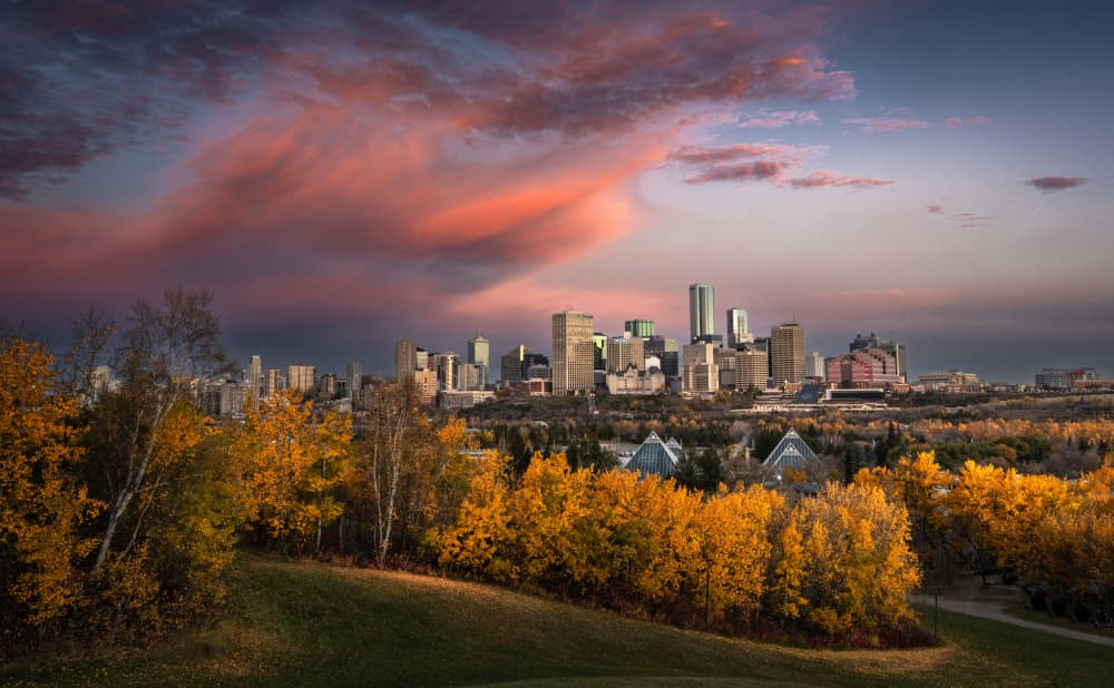 Vibrant Fall Cityscape by Bing Li — canvas wall art