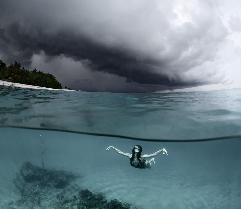 Underwater Woman Storm Sky by Andrey Narchuk — canvas wall art