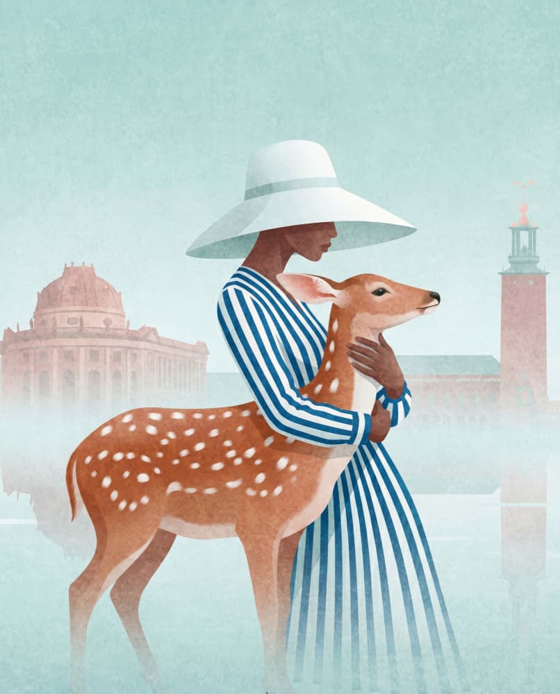 Elegant Woman and Fawn by Emel Tunaboylu — canvas wall art