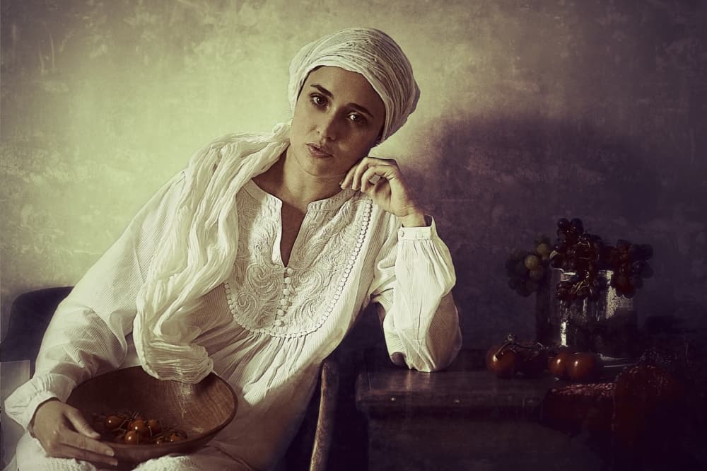 Pensive Woman with Fruit by kenp — canvas wall art