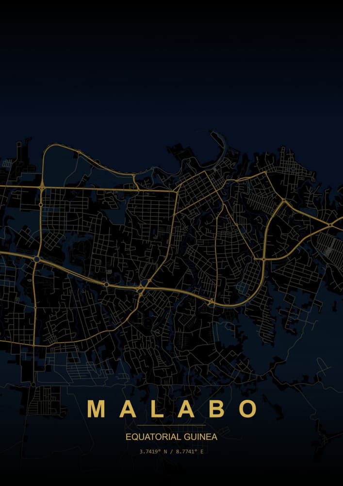 Malabo Gold Night Map by HUGO — canvas wall art