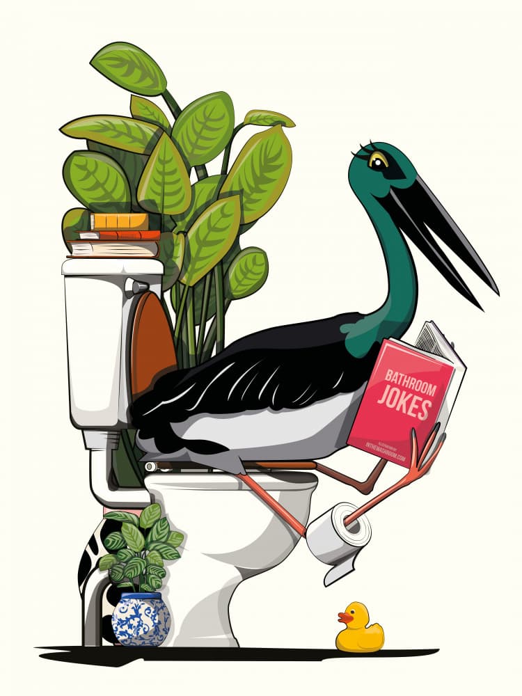 Stork Reading Bathroom Jokes by In The Washroom — canvas wall art