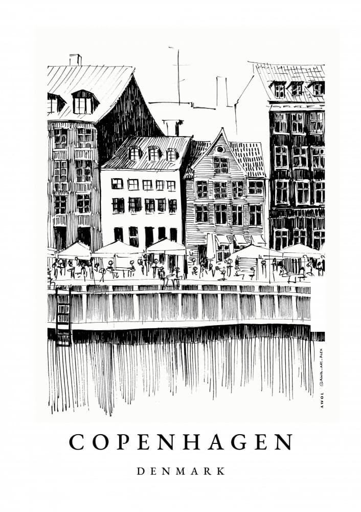 Copenhagen Waterfront Sketch by Awol Art Alex — canvas wall art