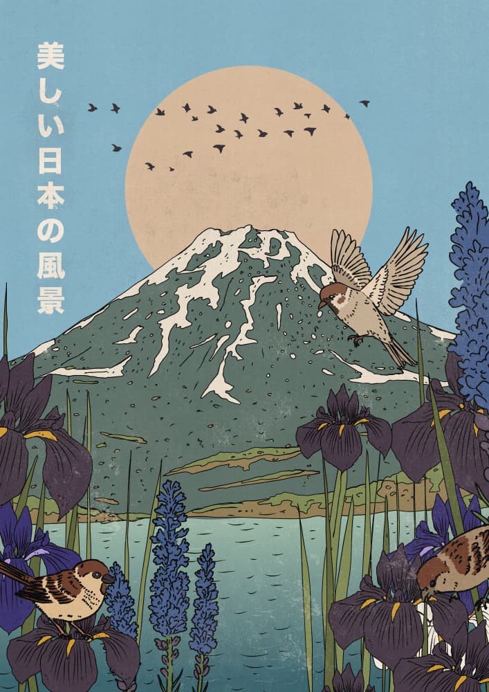 Mount Fuji Sparrows Irises
