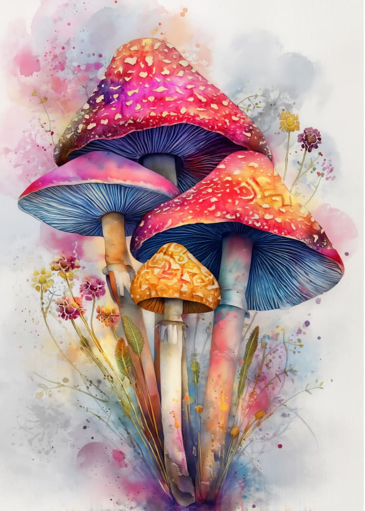 Colorful Watercolor Mushrooms by Justyna Jaszke — canvas wall art