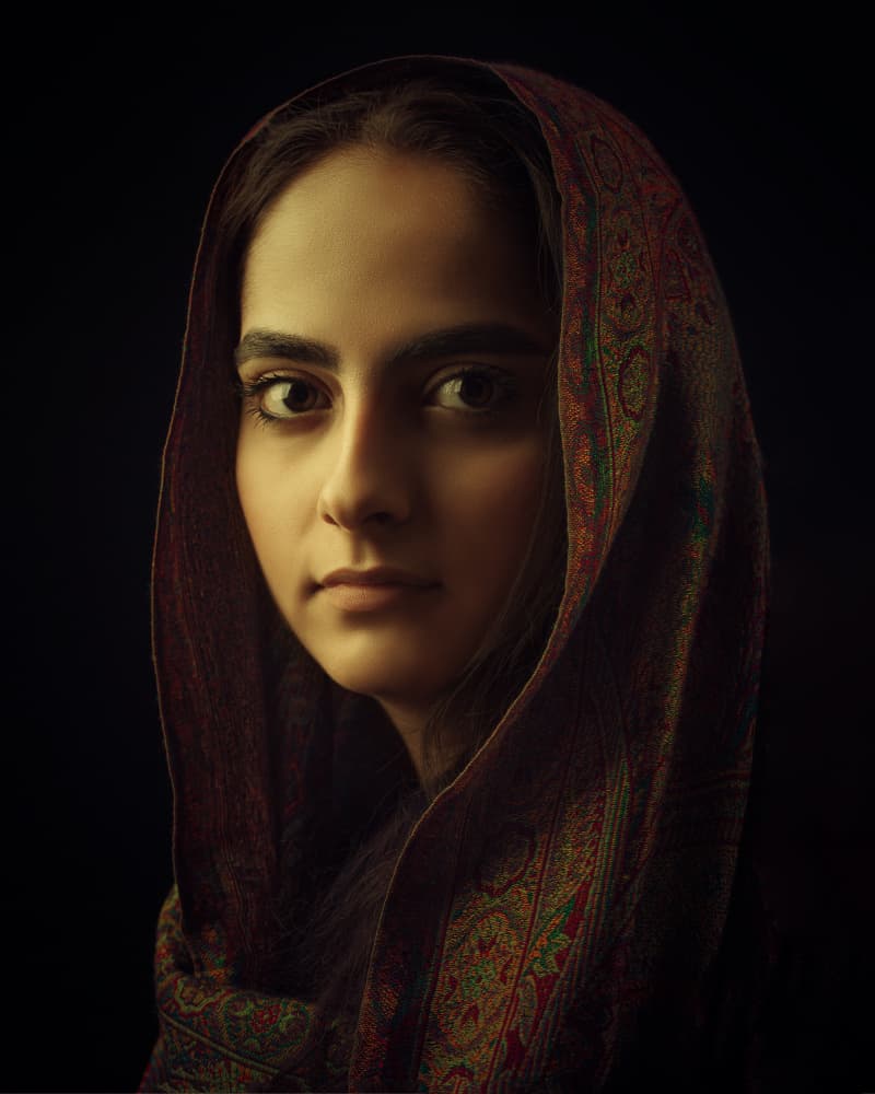 Woman In Patterned Scarf by Mehdi Mokhtari — canvas wall art