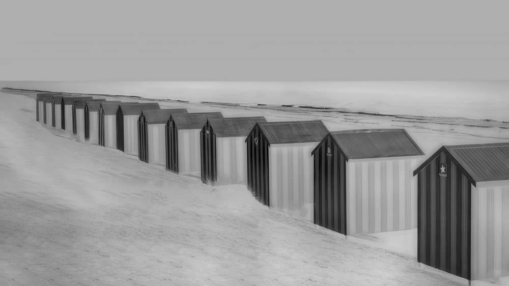 Serene Beach Huts by Marie-anne Stas — canvas wall art