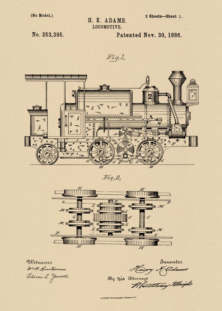 Vintage Locomotive Patent Drawing by Andreas Magnusson — canvas wall art