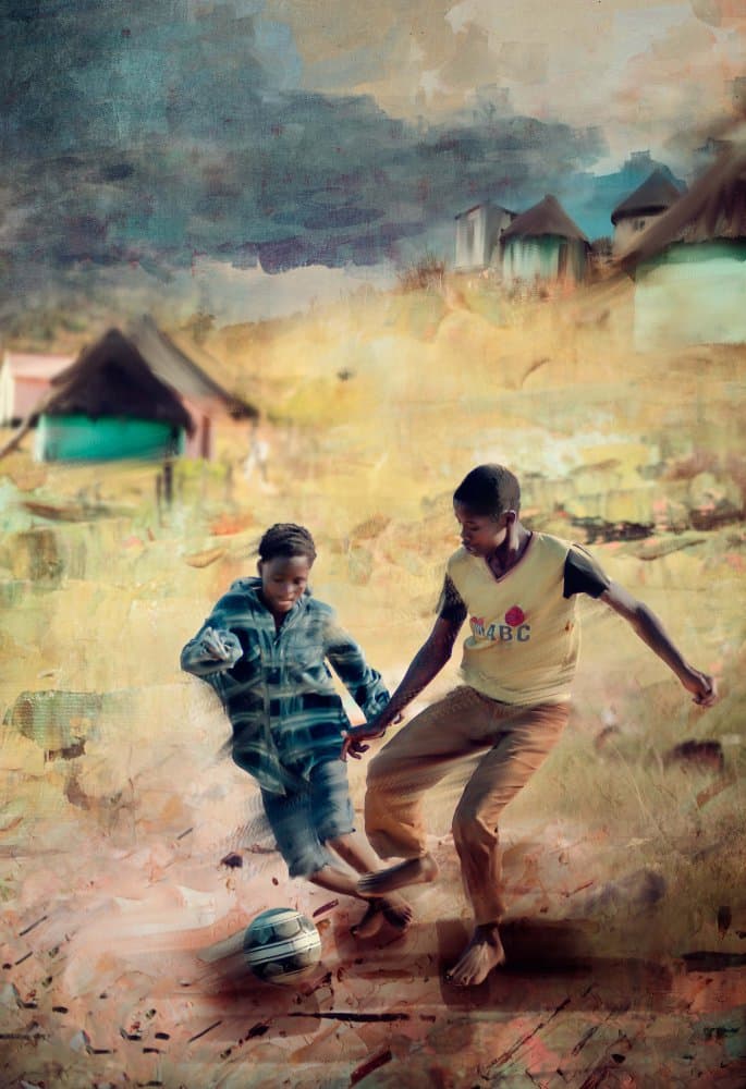Children playing soccer by Charlaine Gerber — canvas wall art