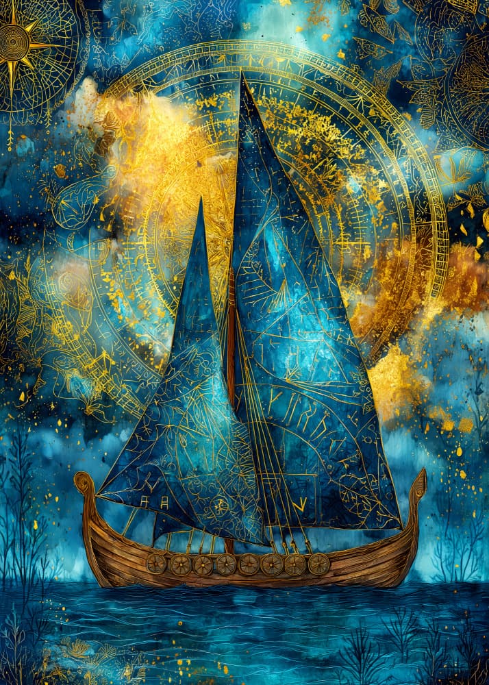 Mystic Blue Viking Ship by Justyna Jaszke — canvas wall art