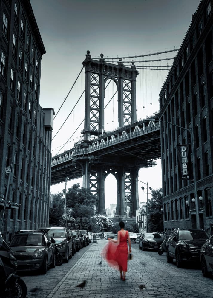 Red Dress Manhattan Bridge by Catherine Wang — canvas wall art