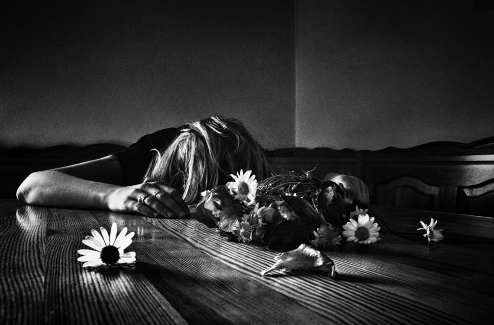 Grieving Woman at Table by Samanta Krivec — canvas wall art