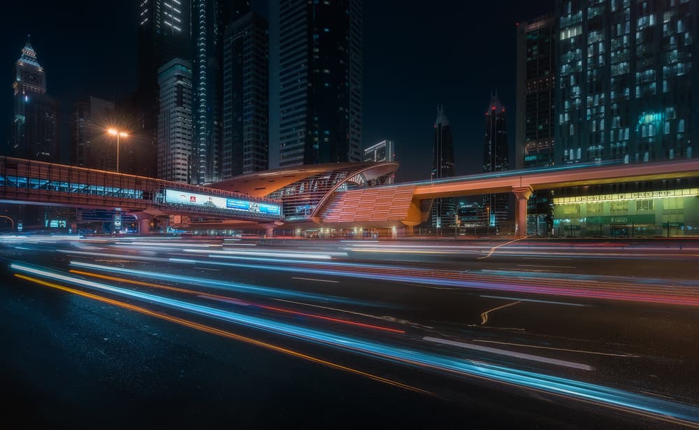 Vibrant City Night Trails by Javier de la Torre — canvas wall art